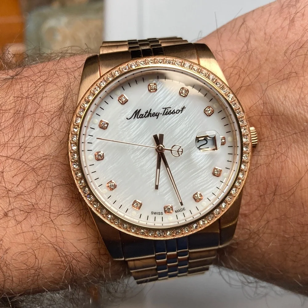 Mathey Tissot H709 rose gold tone, white textured dial, new battery, stainless